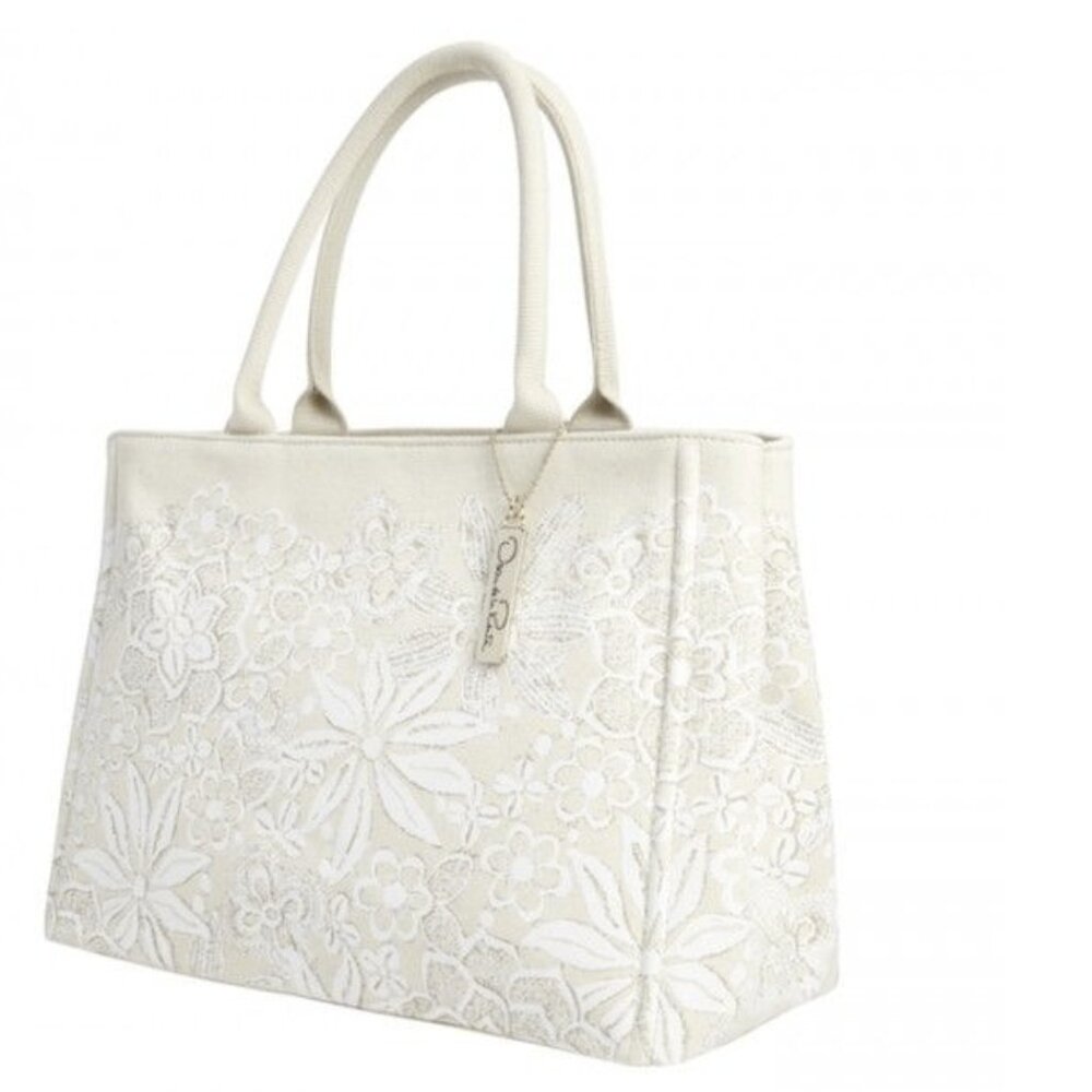 Oscar de la Renta for Neiman Marcus Floral Print Tote Bag Beige/White NWOT